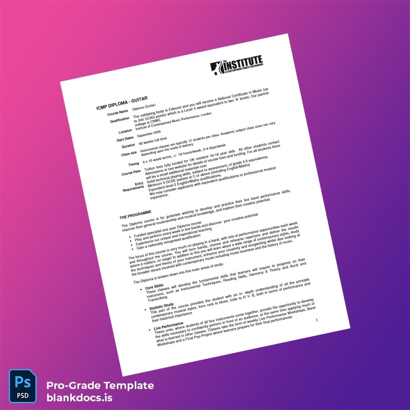 Blank UK Institute of Contemporary Music Performance Diploma in Guitar Performance Document Preview - BlankDocs