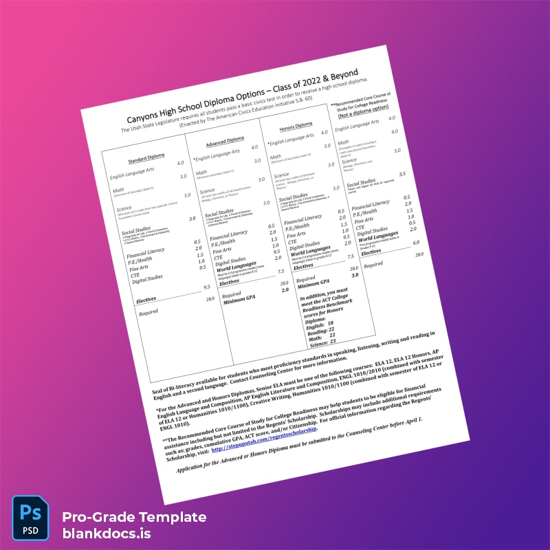 Blank USA Canyons High School High School Diploma Template Document Preview - BlankDocs