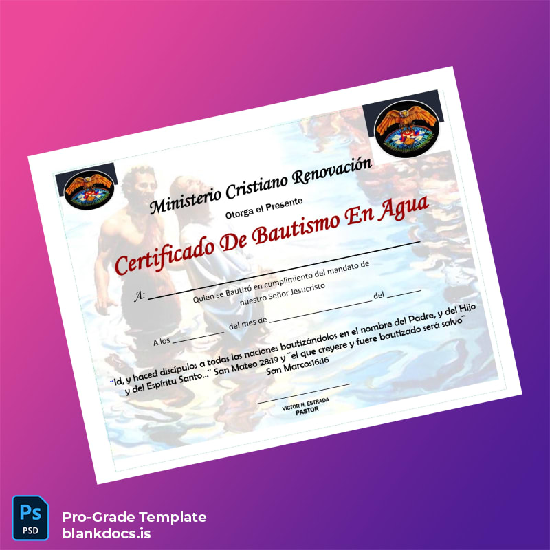 Blank USA Christian Renewal Ministry Water Baptism Certificate Template Document Preview - BlankDocs