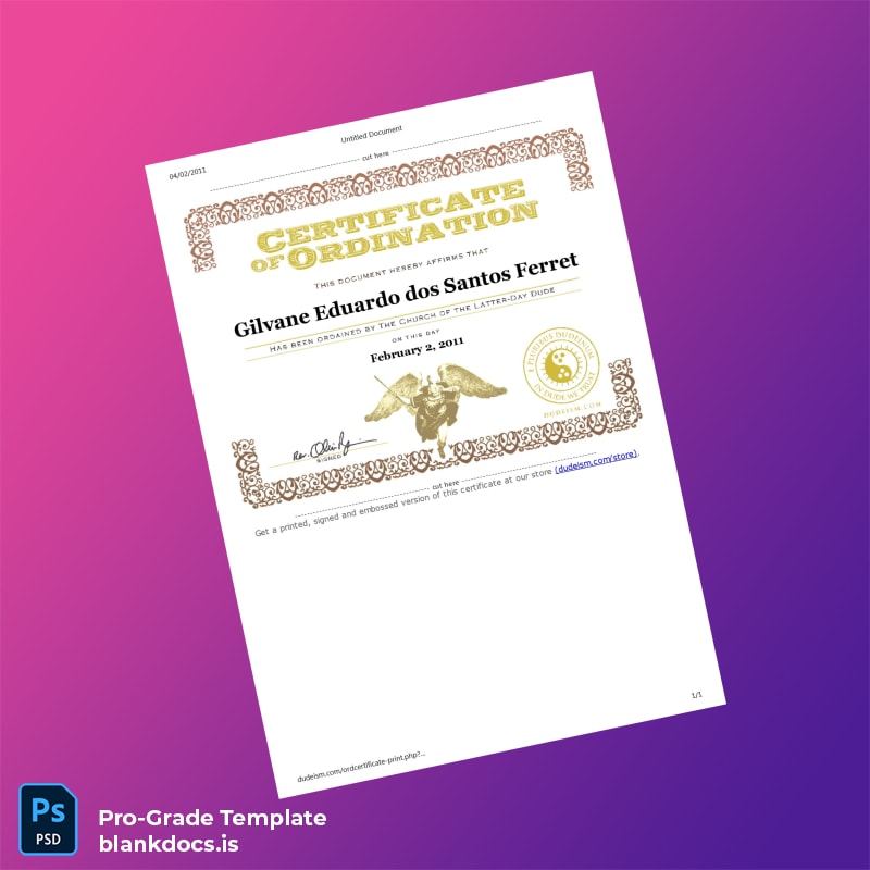Blank USA Dudeism Certificate of Ordination Template Document Preview - BlankDocs
