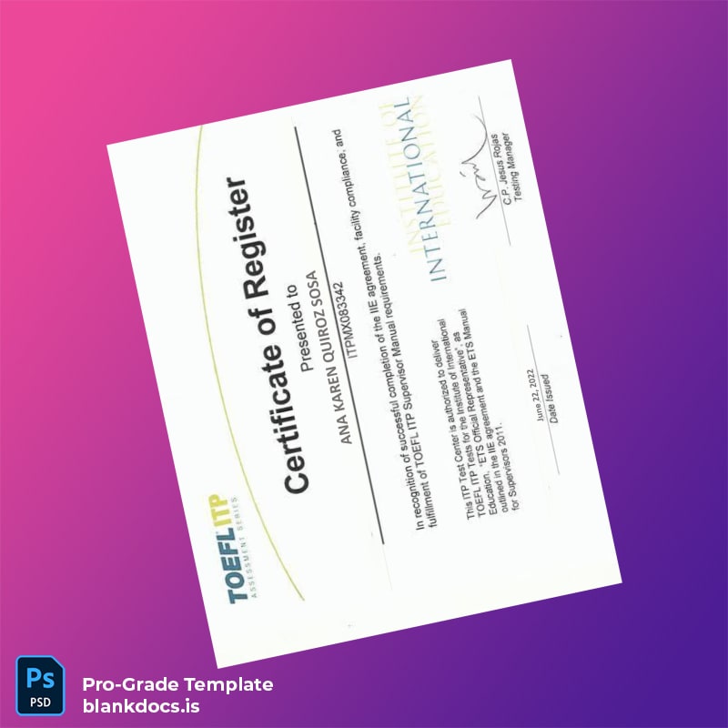 Blank USA International Institute Certificate of Registration in TOEFL ITP Document Preview - BlankDocs