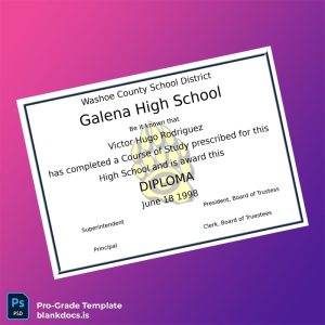 Blank USA Washoe County School District Galena High School High School Diploma Document Preview - BlankDocs