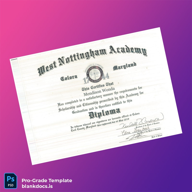 Blank USA West Nottingham Academy High School Diploma Template Document Preview - BlankDocs