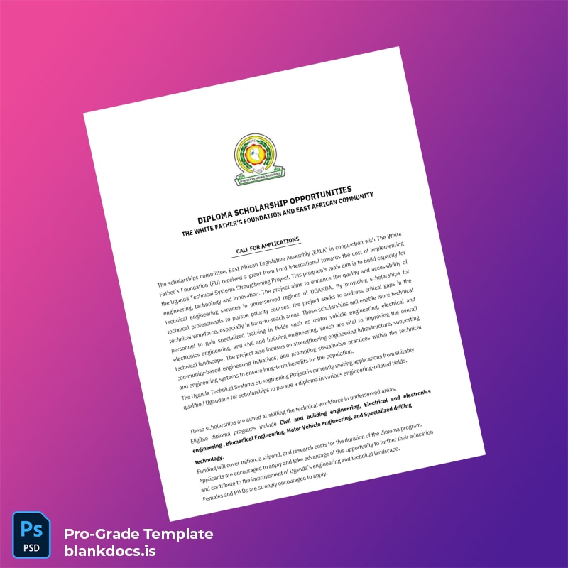Blank Uganda White Father's Foundation Technical Diploma Template Document Preview - BlankDocs