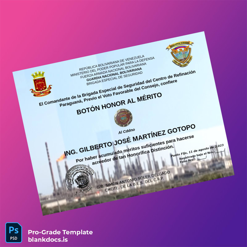 Blank Venezuela Brigada Especial de Seguridad Honor Medal Certificate Document Preview - BlankDocs