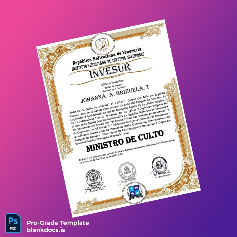 Blank Venezuela Instituto Venezolano de Estudios Superiores Minister of Worship Certificate Document Preview - BlankDocs